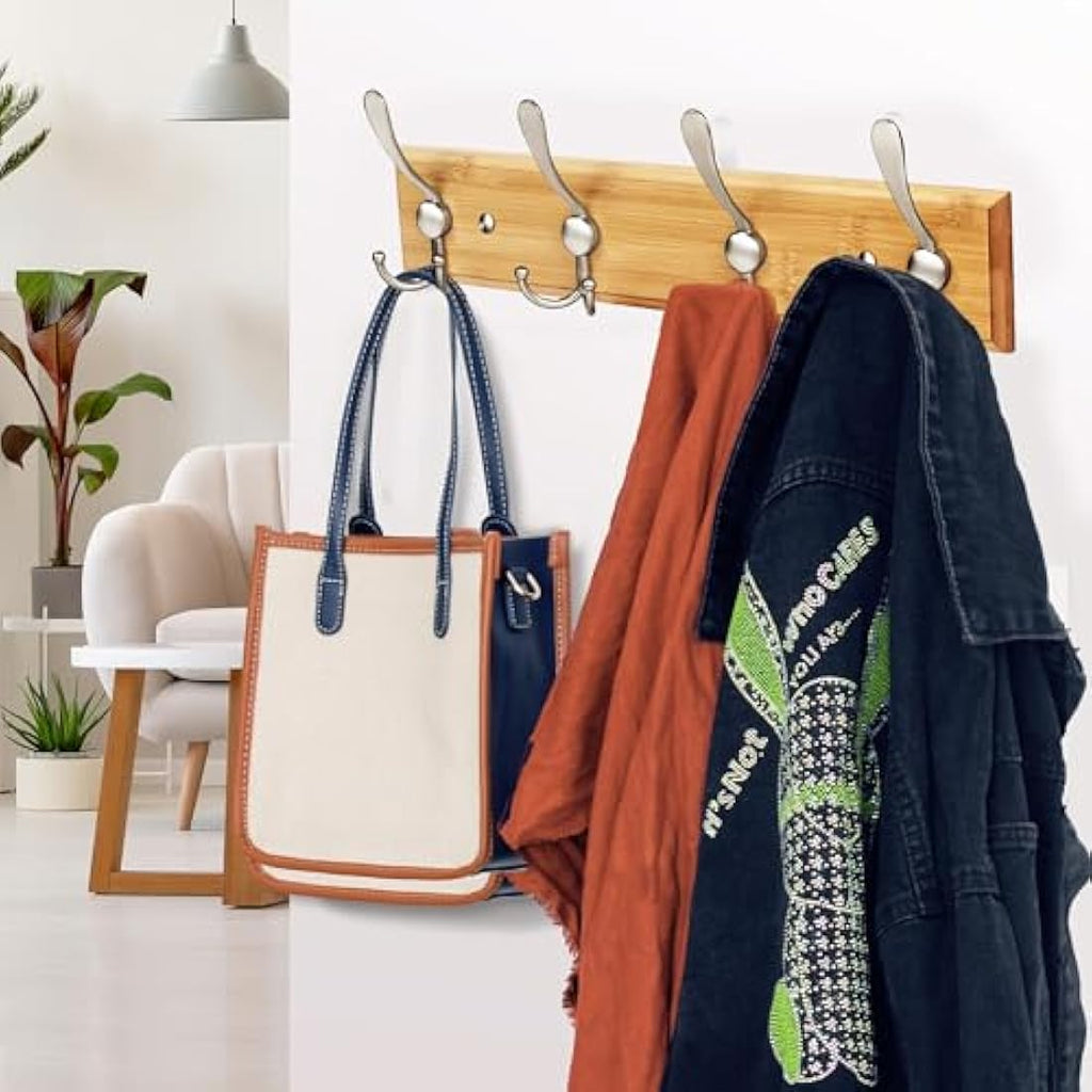 GlazieVault Bamboo Wall Coat Rack – 2 Pack Heavy Duty Matt Nickel Hooks