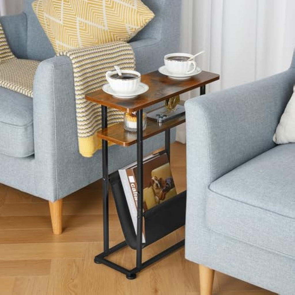 ZEXVIDA Slim Side Table with Magazine Holder – Narrow Industrial End Table