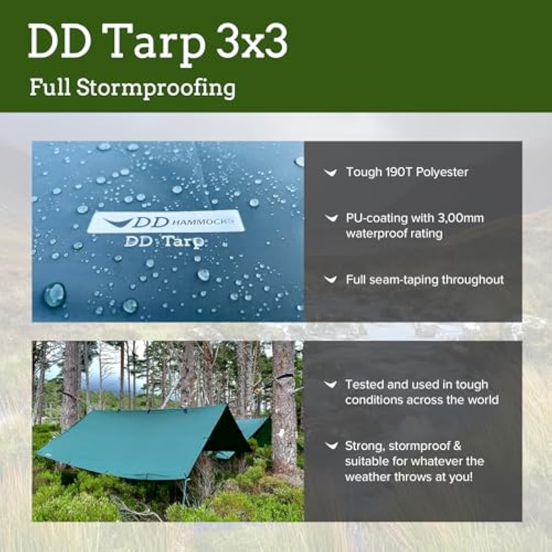 DD Hammocks Tarp 3x3 | Olive Green Waterproof Lightweight Camping Shelter