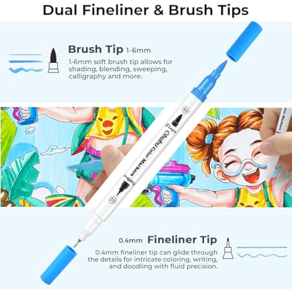 Ohuhu 100 Dual Tip Brush Pens | Art Markers with White Storage Case