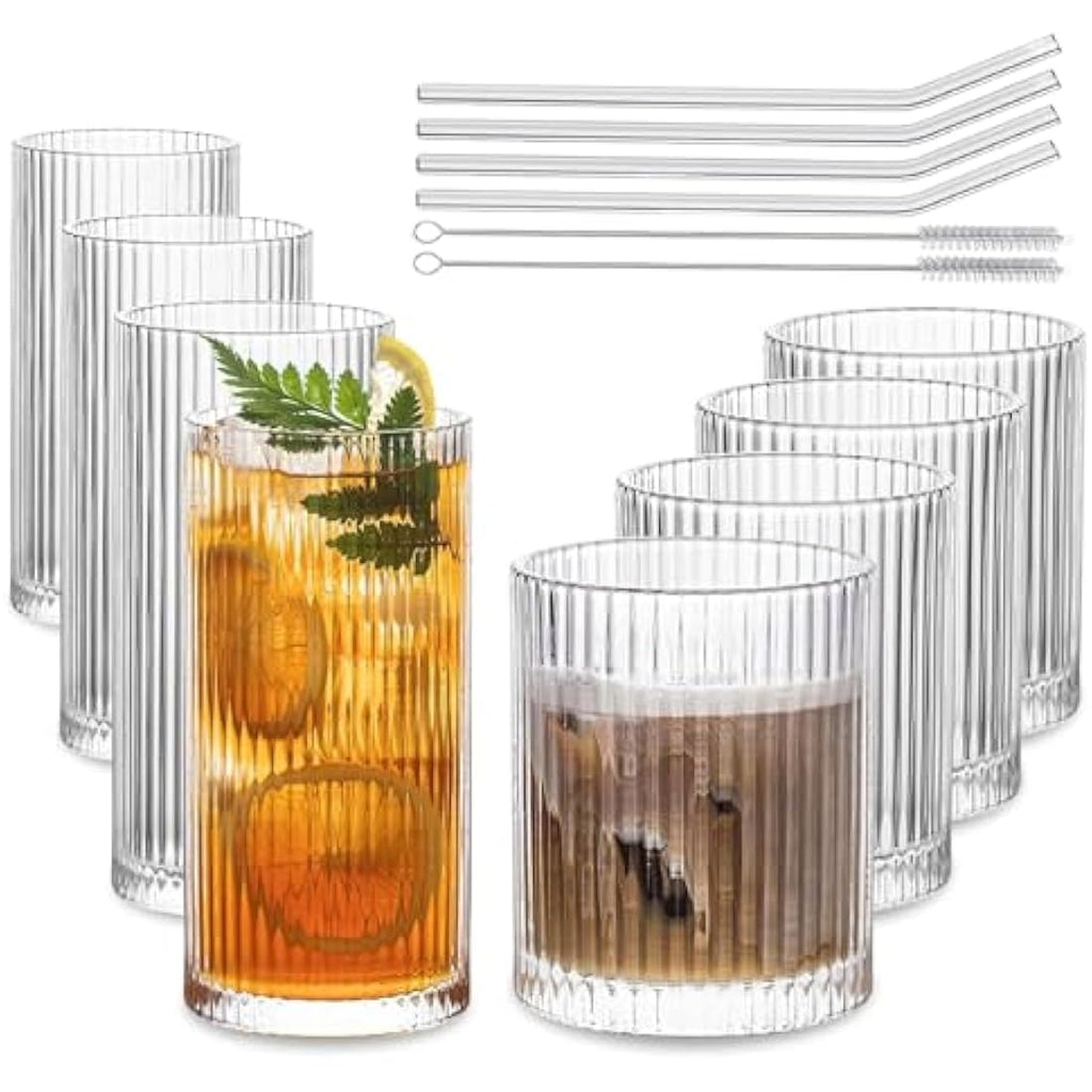 8-Piece Ribbed Glassware Set | Highball & Rocks Glasses