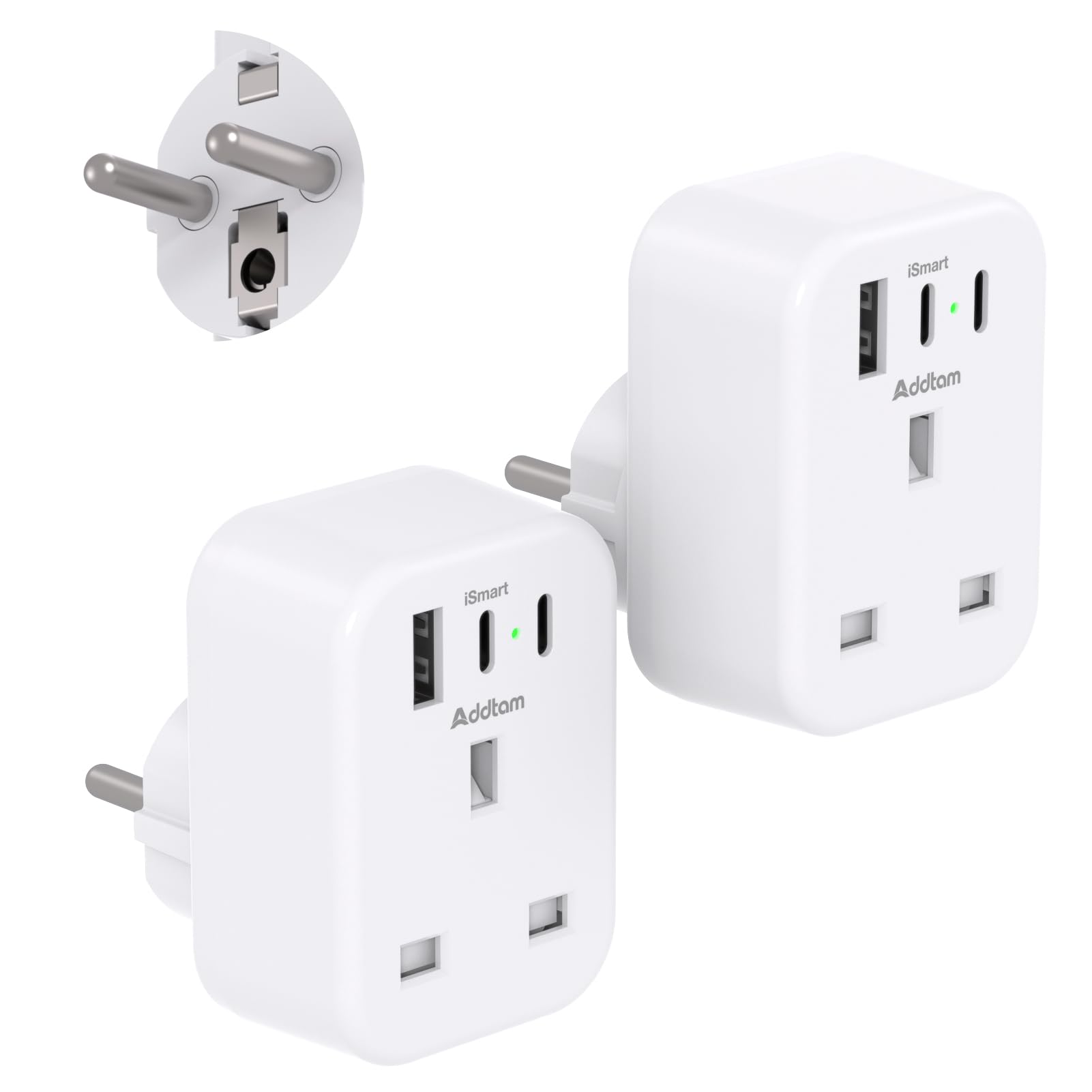 UK to European Plug Adapter - 3 USB Ports (2 USB-C) 2 Pack