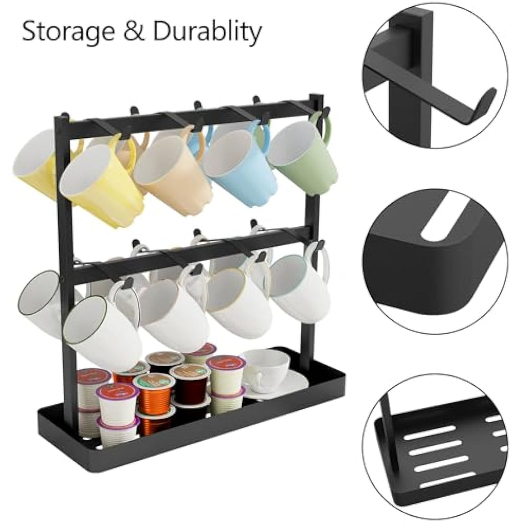 YUMORE Coffee Mug Holder Stand | 16 Hook 2-Tier Metal Countertop Organizer