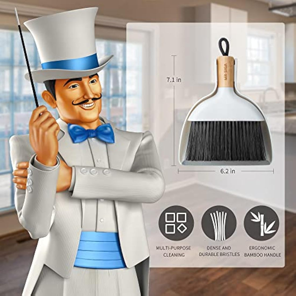 MR.SIGA Mini Dustpan and Brush Set | Bamboo Handle Portable Cleaner