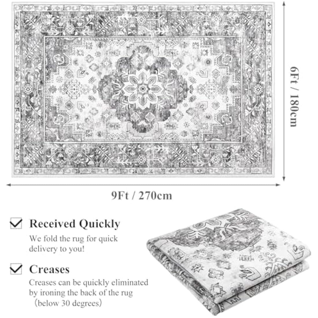 Enyhom Vintage Grey Area Rug | 180x270cm Washable Non-Slip Boho Carpet