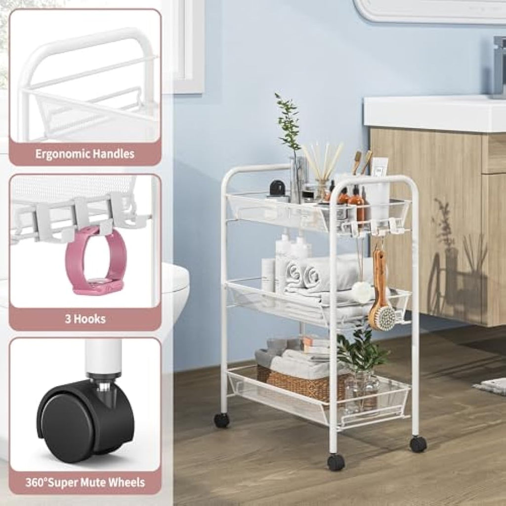 APEXCHASER 3-Tier Rolling Utility Cart | Metal Mobile Storage Trolley, White