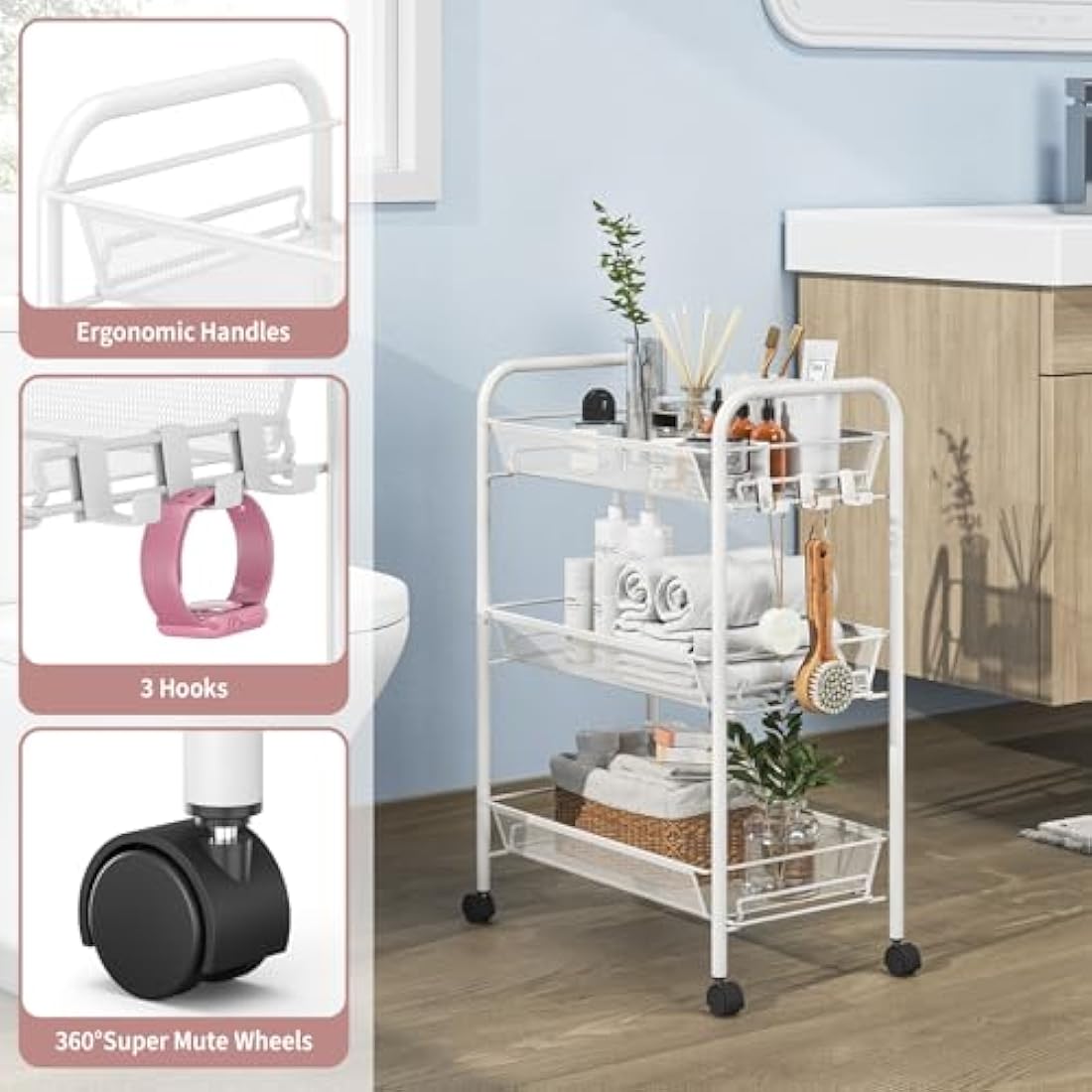 APEXCHASER 3-Tier Rolling Utility Cart | Metal Mobile Storage Trolley, White