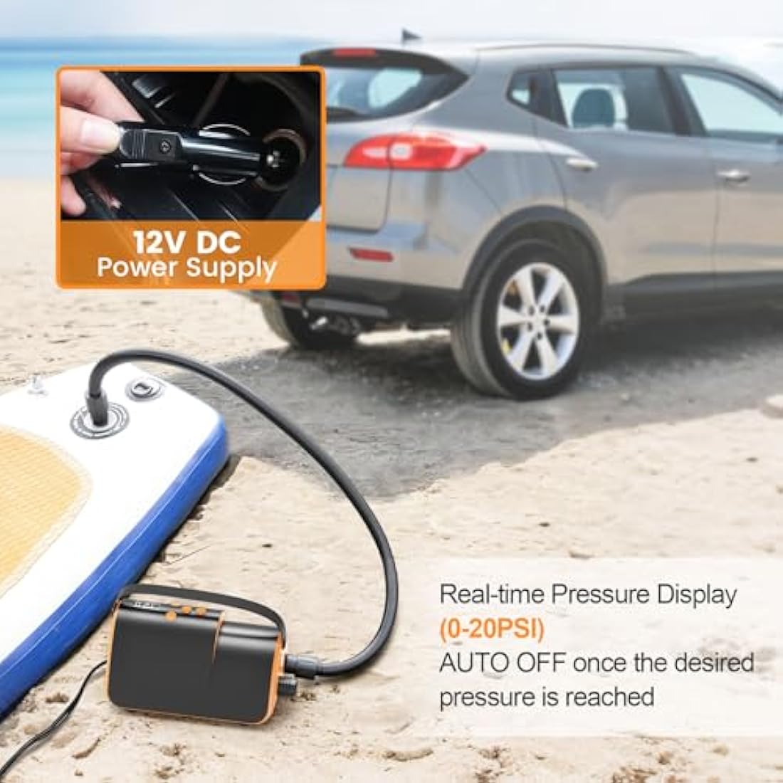 Accwork 20PSI Electric SUP Air Pump | 12V DC Portable Paddle Board Pump