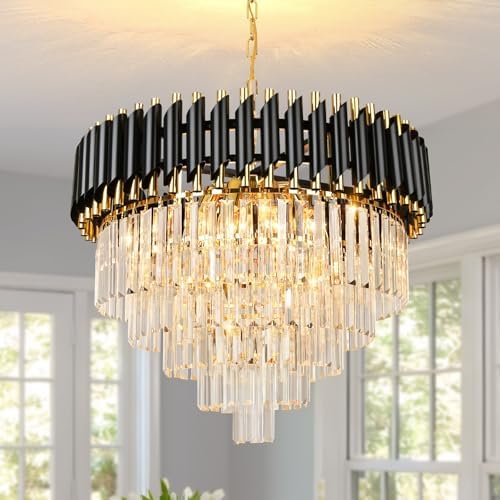 AOOCHOK Modern Crystal Chandelier – Black and Gold Round Pendant Light