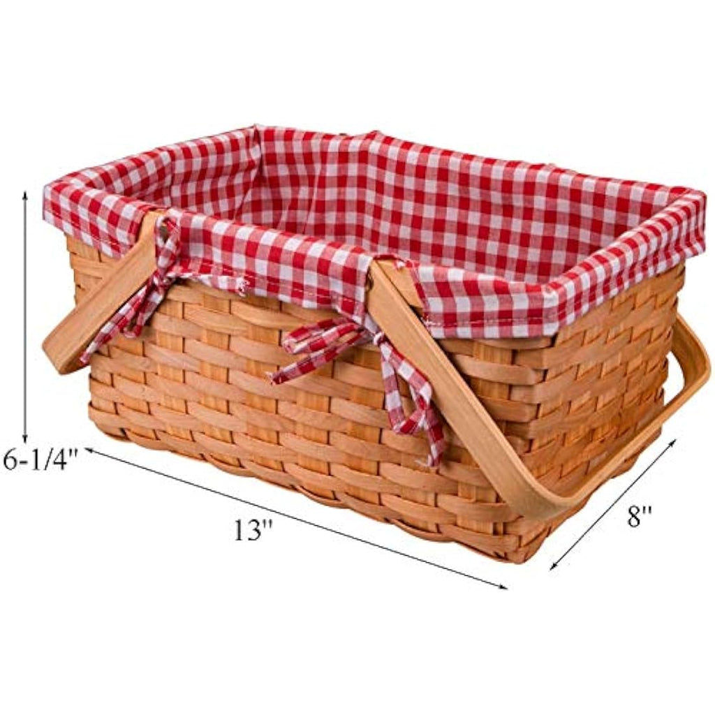 Bekith Woven Picnic Basket with Double Handles and Pink Gingham Liner