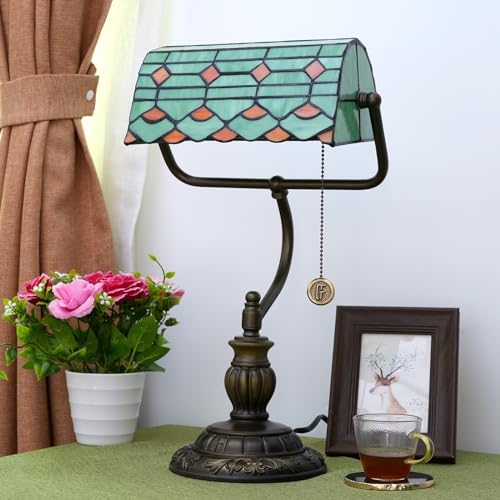 Blivuself Tiffany Style Green Banker Desk Lamp | Stained Glass Retro Light