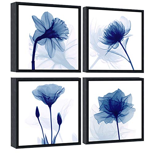 Wieco Art Blue Flickering Flower Framed Canvas Wall Art - 4 Panels