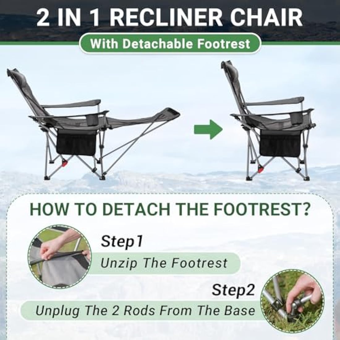 WEJOY Folding Recliner Camping Chair with Detachable Footrest – Grey Black