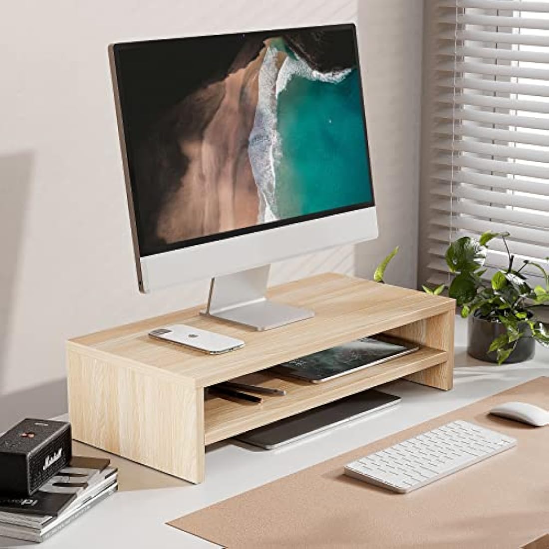 FITUEYES 2-Tier Wood Monitor Riser – 54cm Desktop Stand & Organizer, Oak