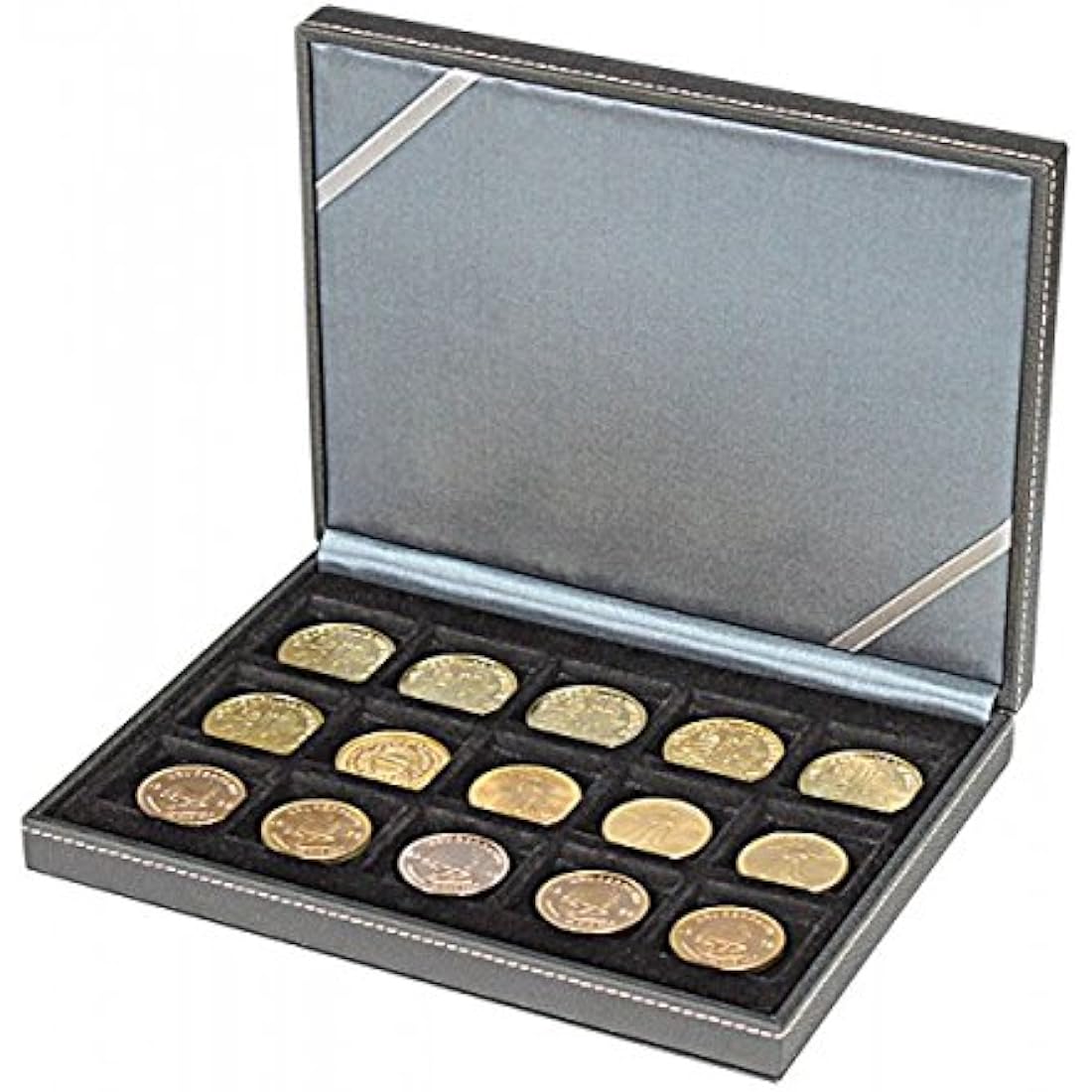 LINDNER Coin Case - 15 Compartments for 40mm Coins - Black Leather Look