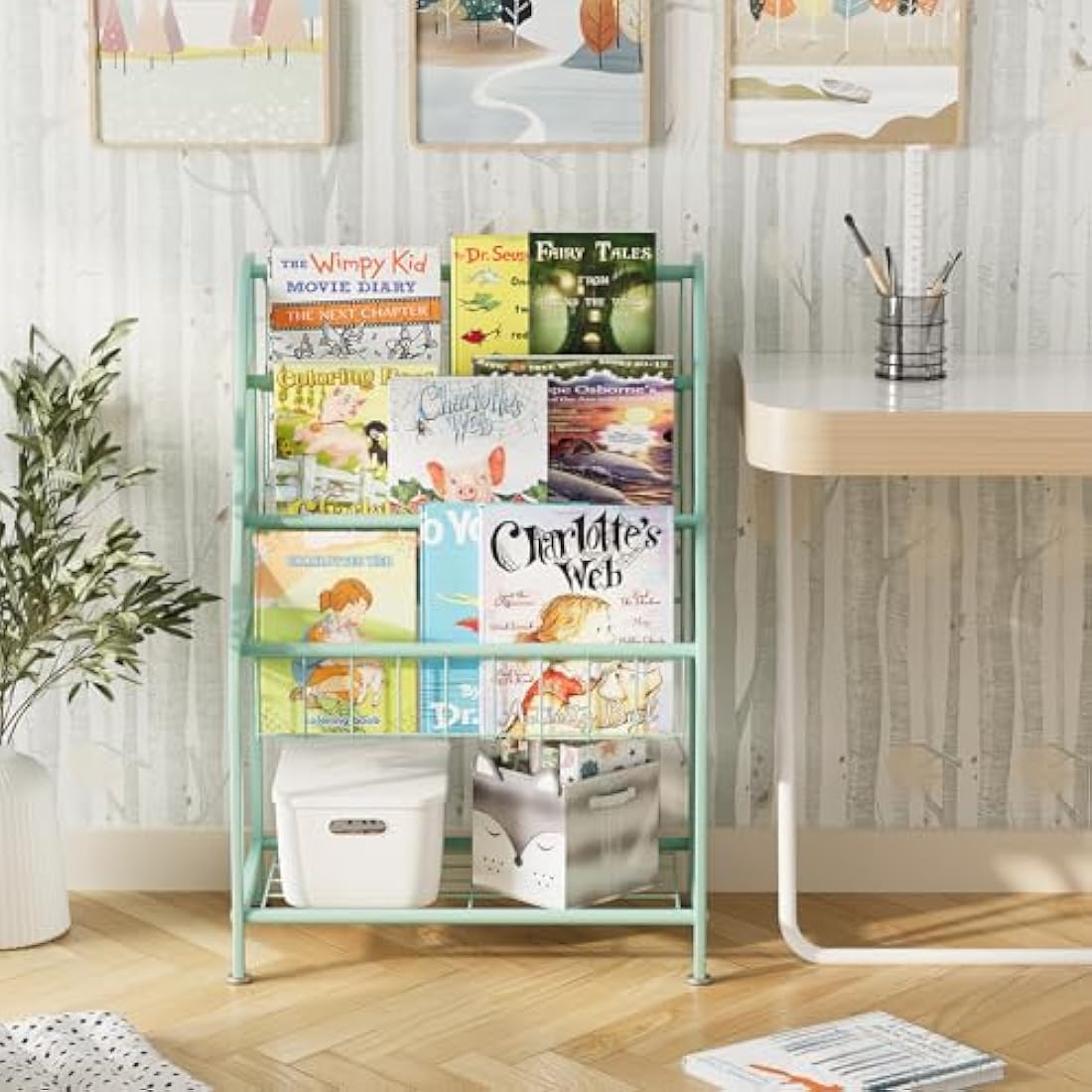 Huhote Kids Bookshelf – Metal Book and Toy Storage Organizer, Green
