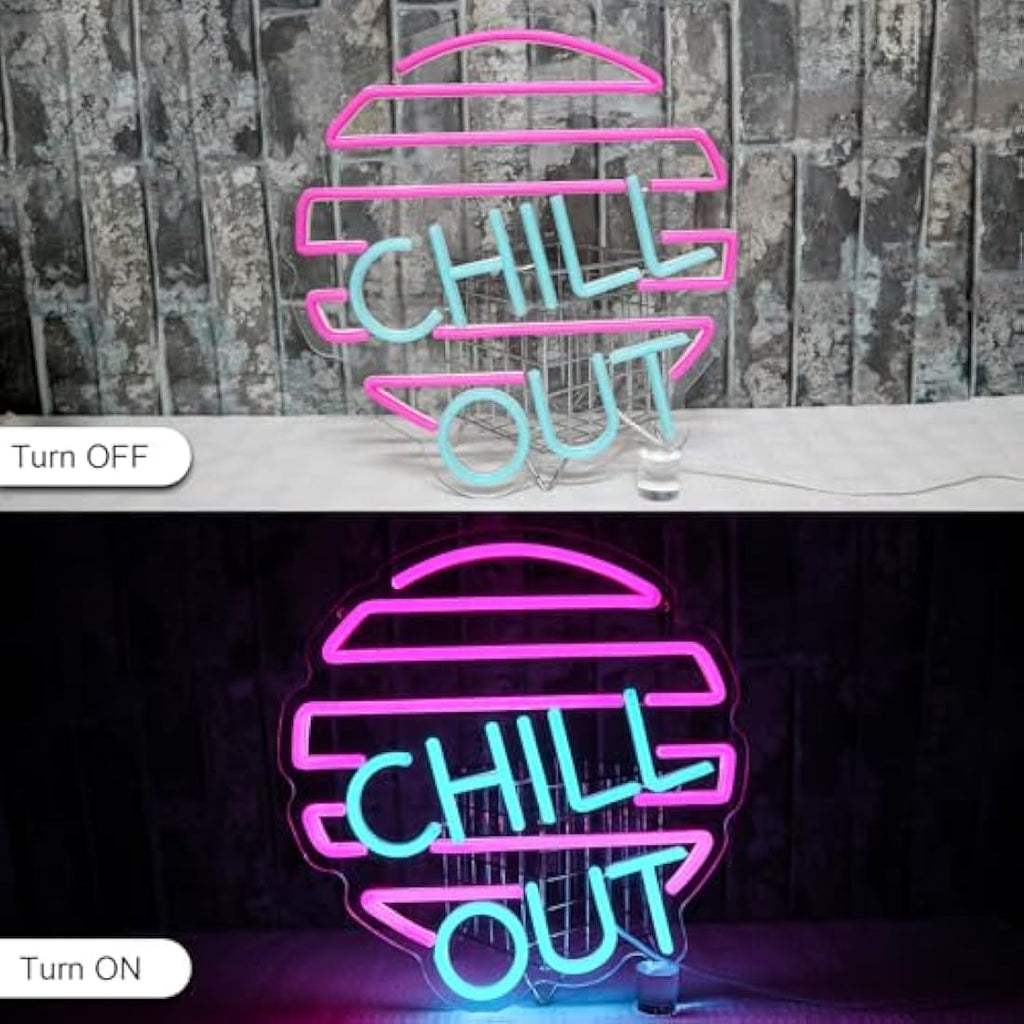 Jolof Store Chill Out Neon Sign – Blue & Pink LED Wall Decor for Game Room