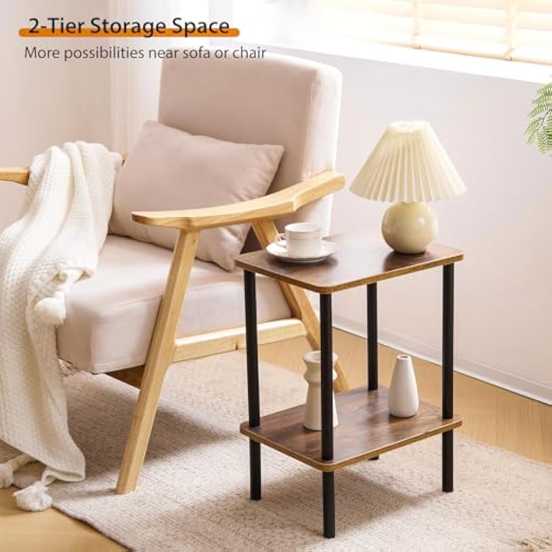 Apicizon 2-Tier Side Table | Rustic Brown Narrow End Table with Storage