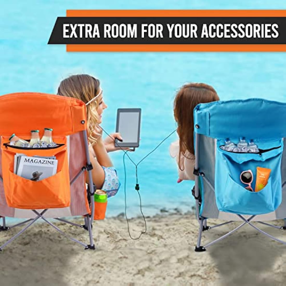 Nice C High Back Beach Camping Chair with Cooler Bag & Cup Holder – Orange