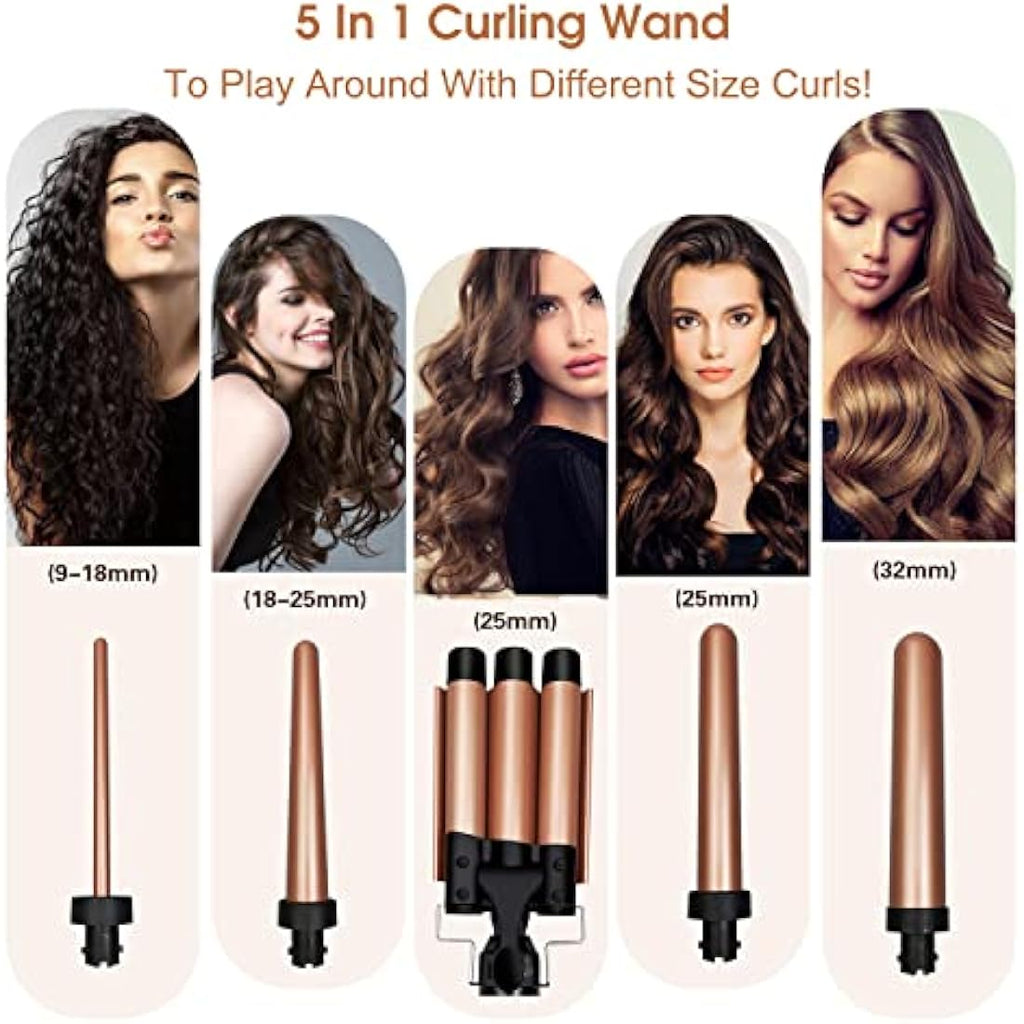 janelove 5-in-1 Hair Curler & 3 Barrel Hair Waver Set – Ceramic Gold