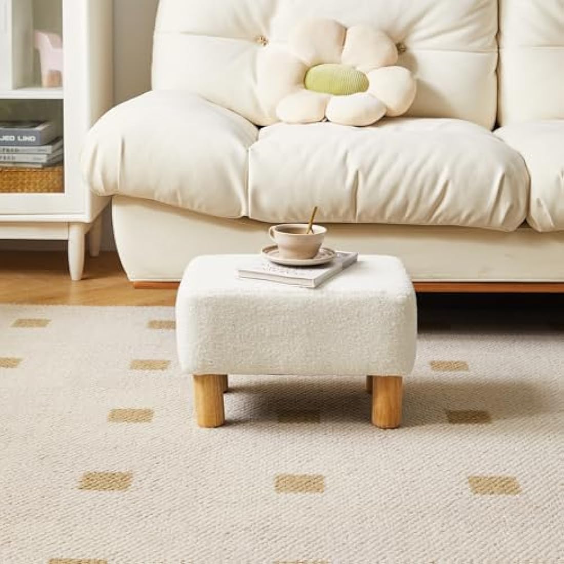 YMYNY Teddy Fleece Footstool | Rectangle Ottoman with Wooden Legs