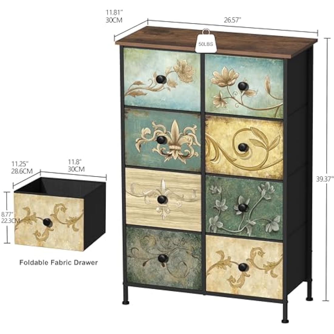 VEDECASA 8 Drawer Tall Dresser – Retro Floral Fabric Storage Chest
