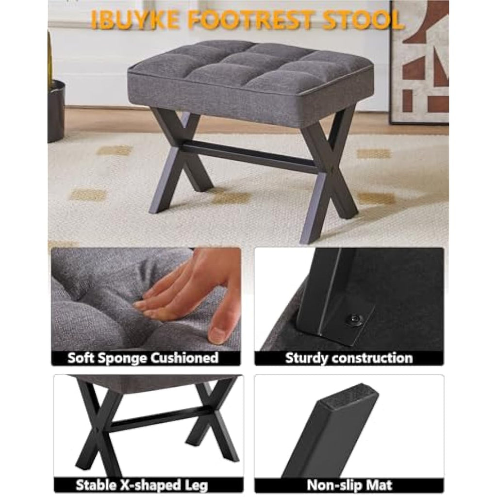 IBUYKE Small Square Linen Footrest Stool | Metal X-Leg Vanity Chair, Dark Gray