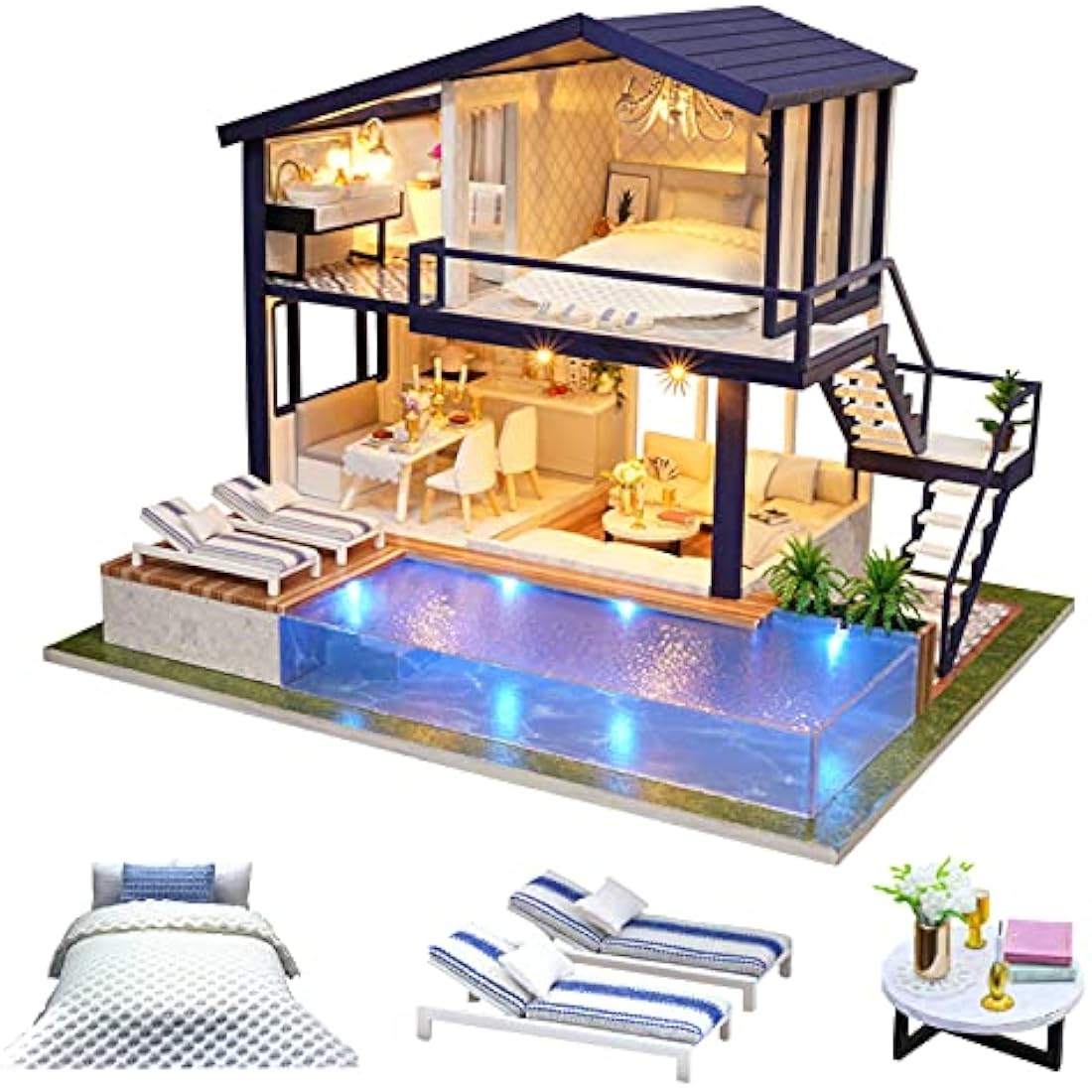 Cuteroom DIY Wooden Dollhouse Miniature Kit - Time Apartment with Pool