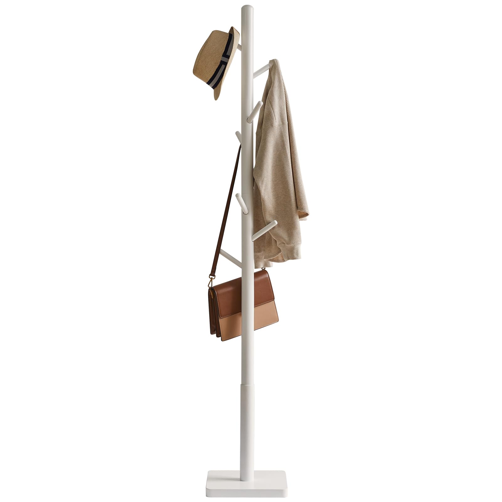 YMYNY Wooden Coat Rack Stand – 8 Hooks Height Adjustable Hall Tree