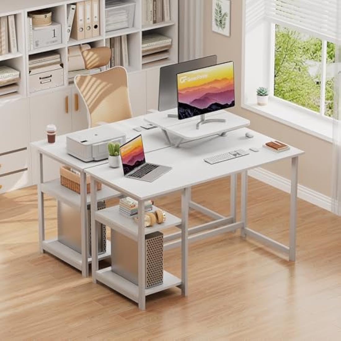 Jolof Store Computer Desk with Monitor Stand and Shelves – White