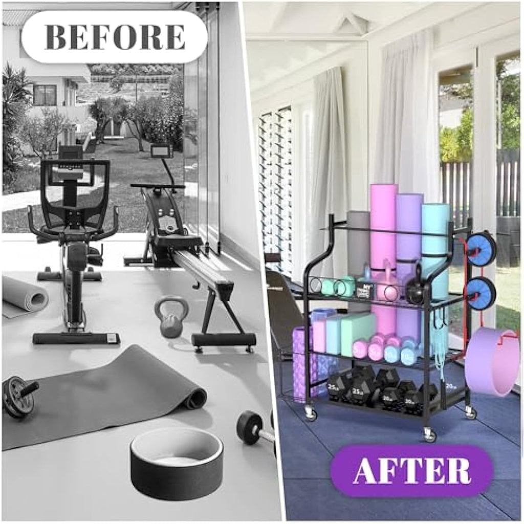 Mythinglogic Home Gym Storage Rack – Rolling Weight & Yoga Mat Organizer