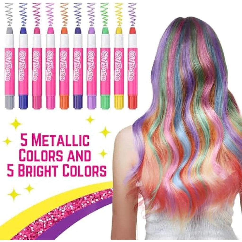 GirlZone 10-Piece Hair Chalk Set | Temporary Hair Dye Pens for Kids