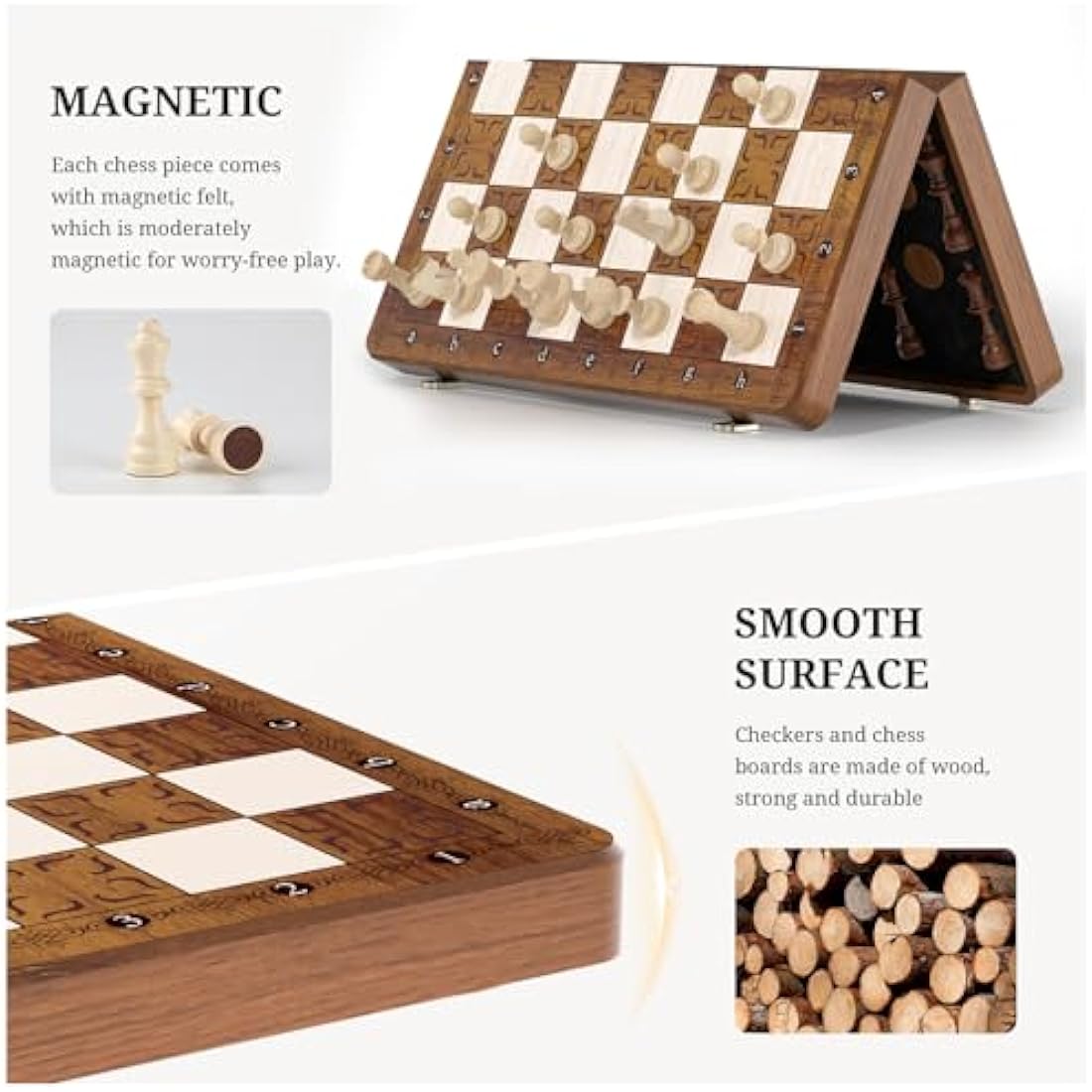 Tumu 16 Inch Magnetic Wooden Chess and Checkers Set - 2 in 1 Travel Board