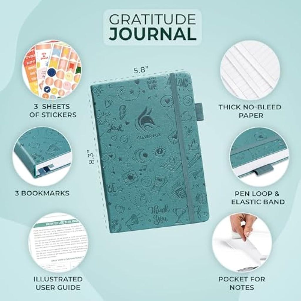 Clever Fox Gratitude Journal – A5 Daily Affirmation Notebook, Aquamarine
