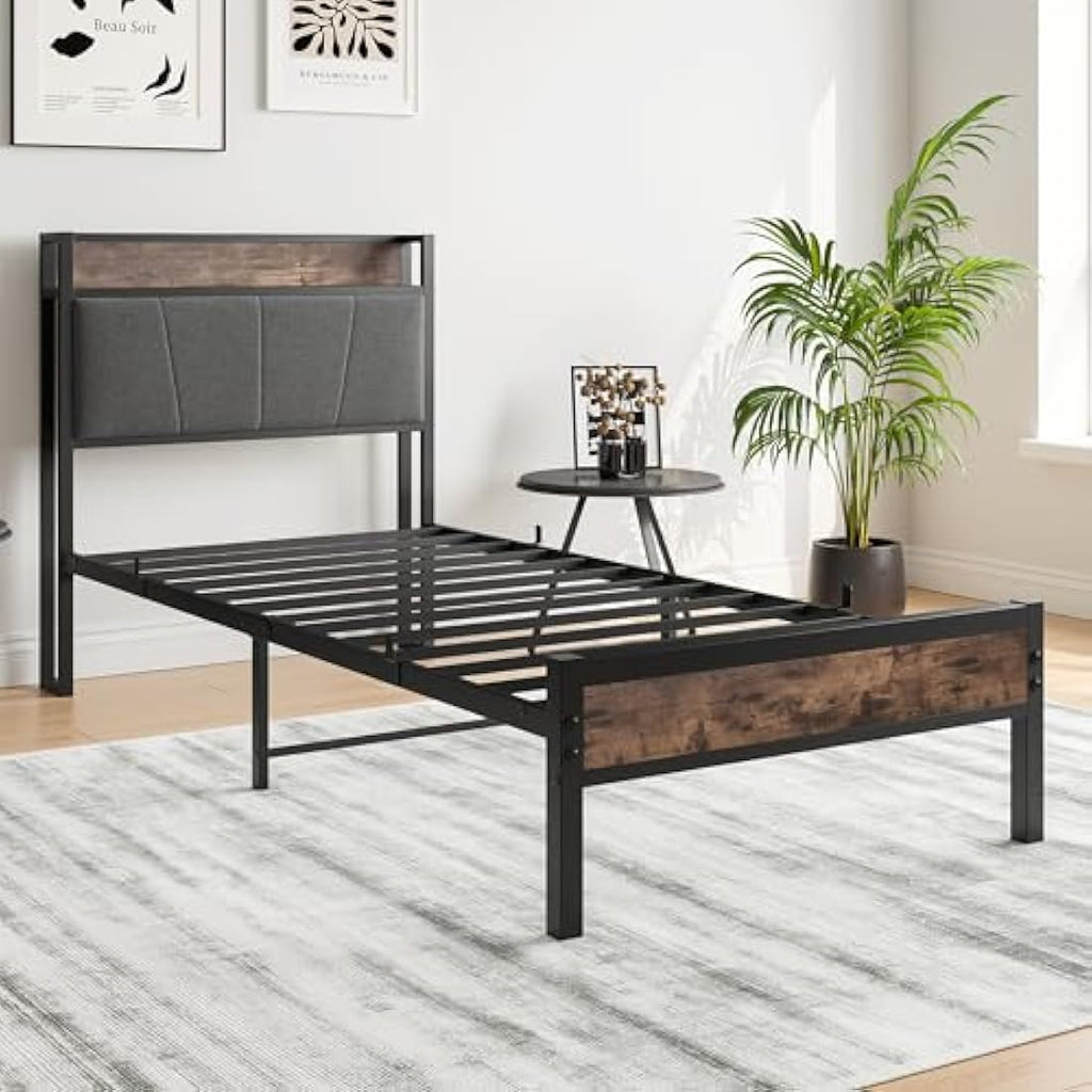 BORPHOM 3ft Single Metal Bed Frame with Storage Headboard & Upholstery