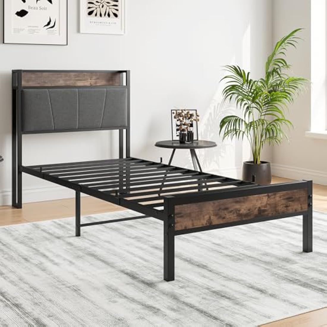 BORPHOM 3ft Single Metal Bed Frame with Storage Headboard & Upholstery