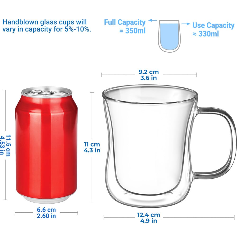 Ecooe Double Walled Coffee Glasses - 6x350ml Borosilicate Mugs with Handle