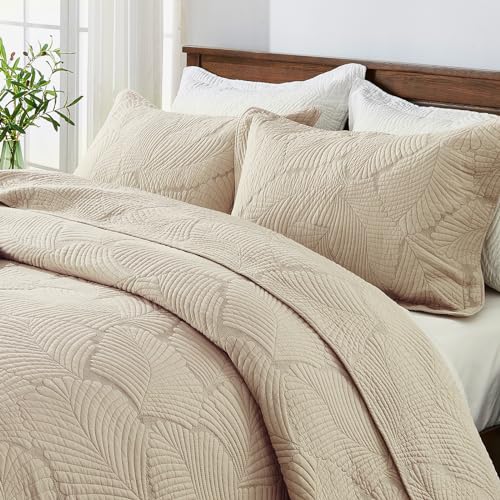 Qucover Cotton Quilted Bedspread Set | Super King Palm Leaf Embroidery