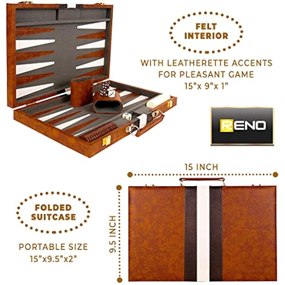 Jolof Store RENO 15 Inch Leather Backgammon Set – Portable Board Game