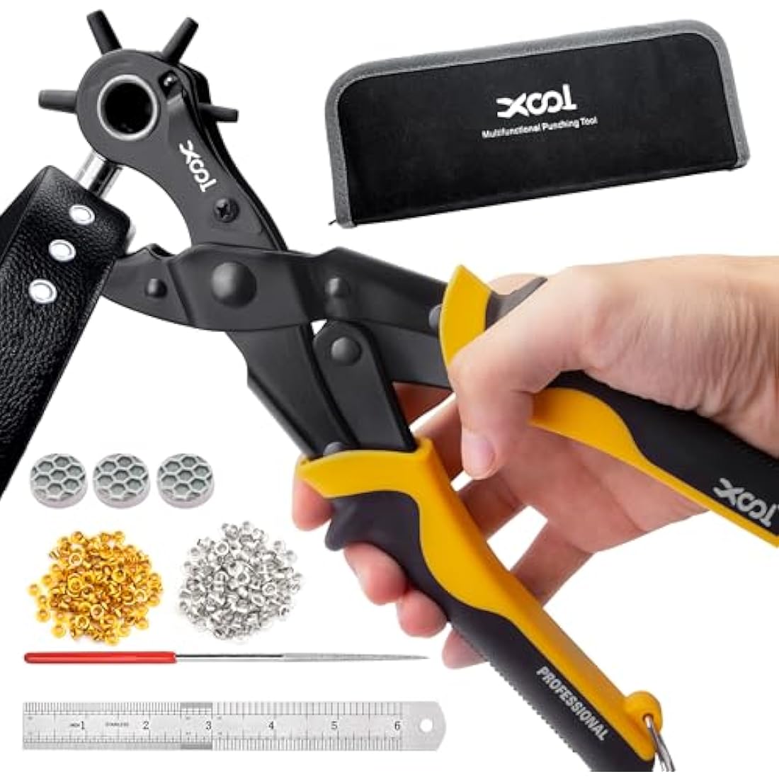 XOOL 2-in-1 Leather Hole Punch and Eyelet Pliers Kit with 200 Metal Eyelets