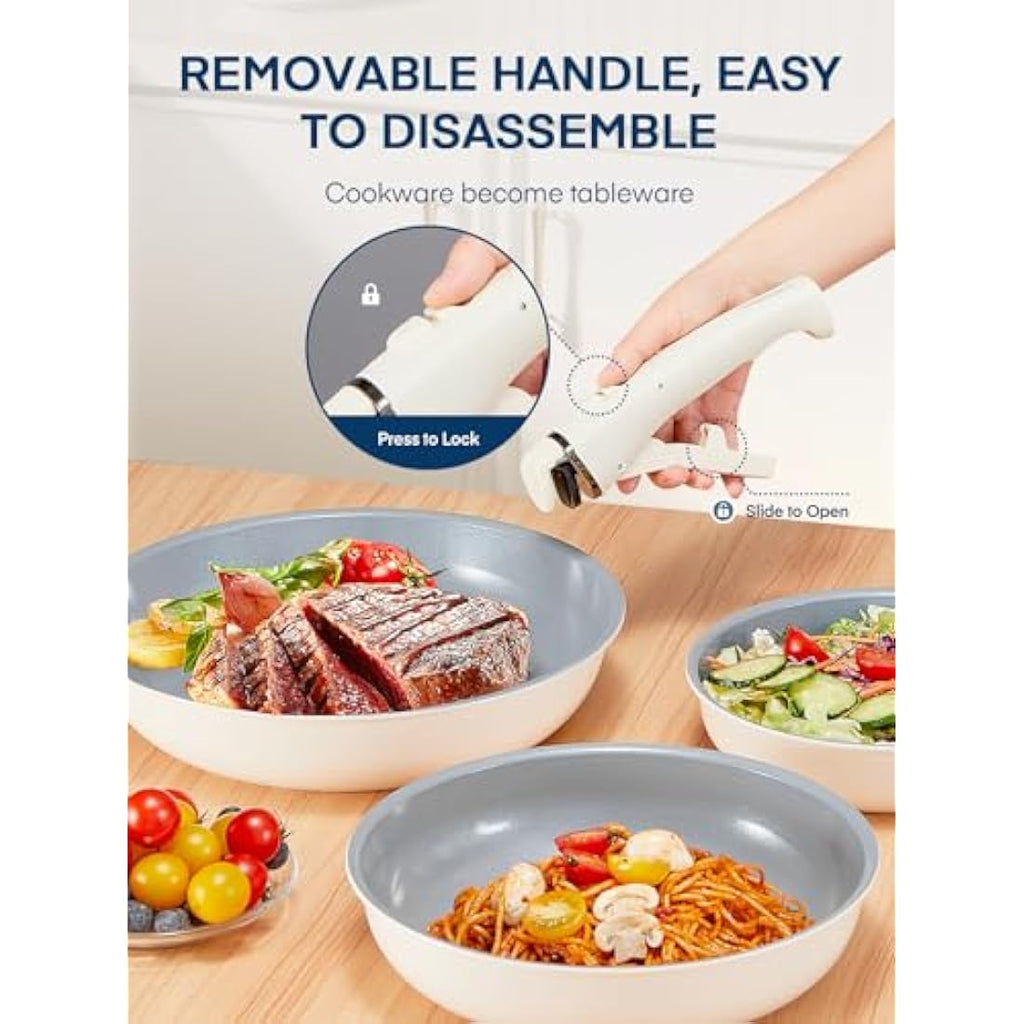 FOHERE 3-Piece Nonstick Ceramic Frying Pan Set with Detachable Handle