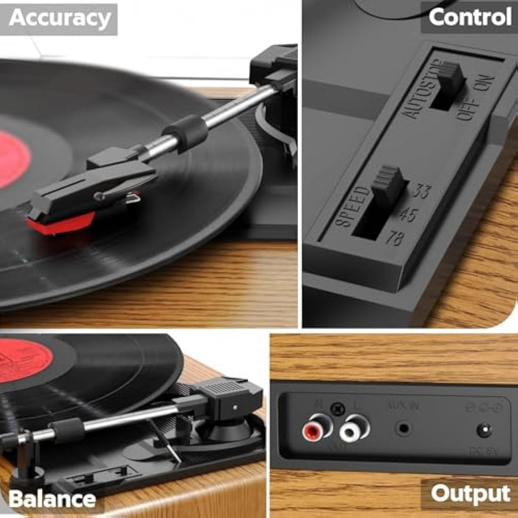 FYDEE Vinyl Record Player – 3-Speed Bluetooth Turntable, Natural Wood