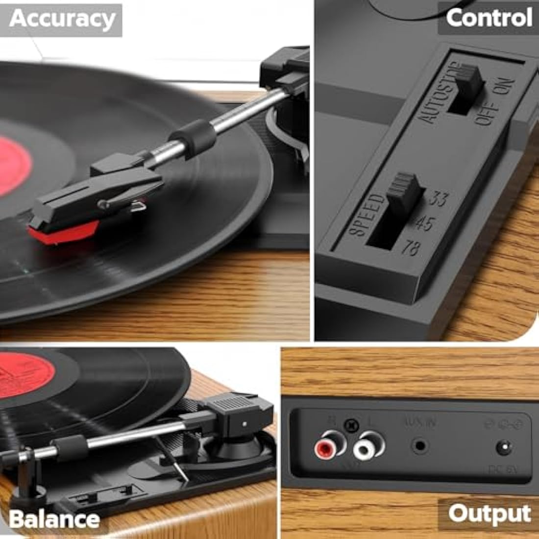 FYDEE Vinyl Record Player – 3-Speed Bluetooth Turntable, Natural Wood