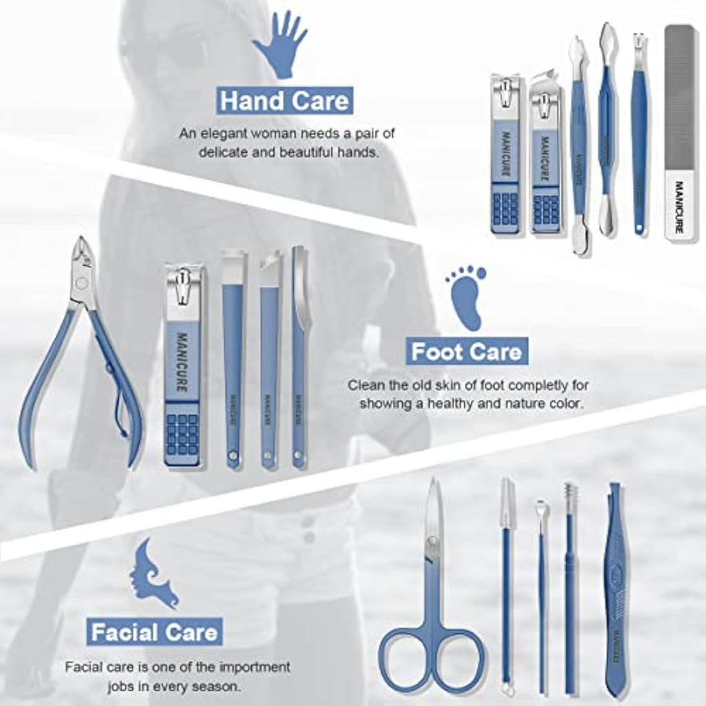 16-Piece Stainless Steel Manicure Set & Pedicure Kit - Blue