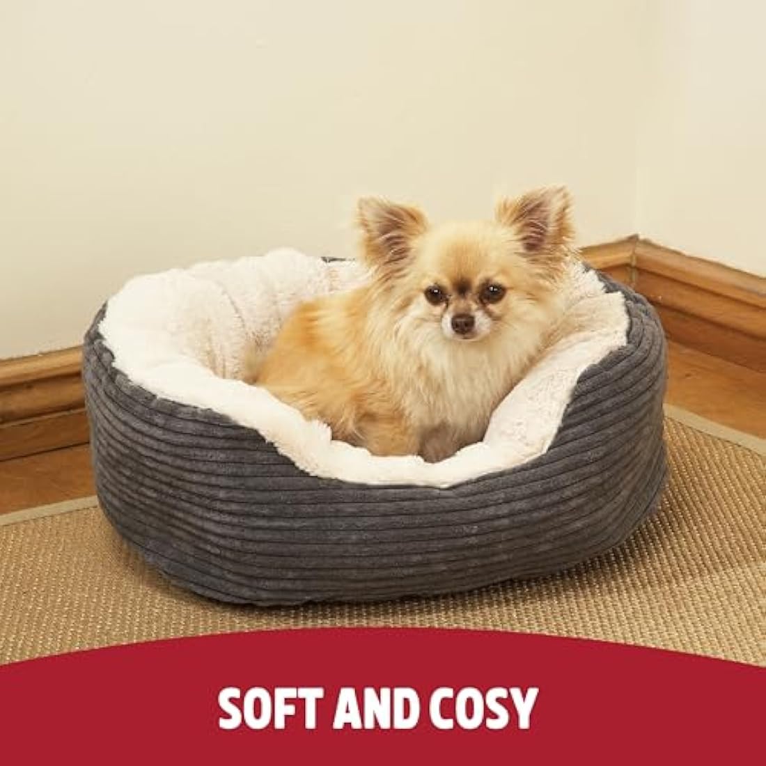 Jolof Store Large Calming Dog Bed – Washable Plush Grey and Cream