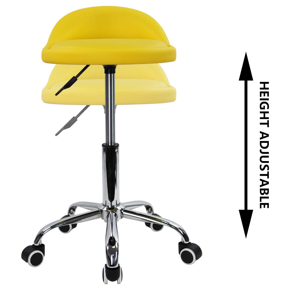KKTONER Yellow PU Leather Rolling Stool with Backrest | Adjustable Swivel