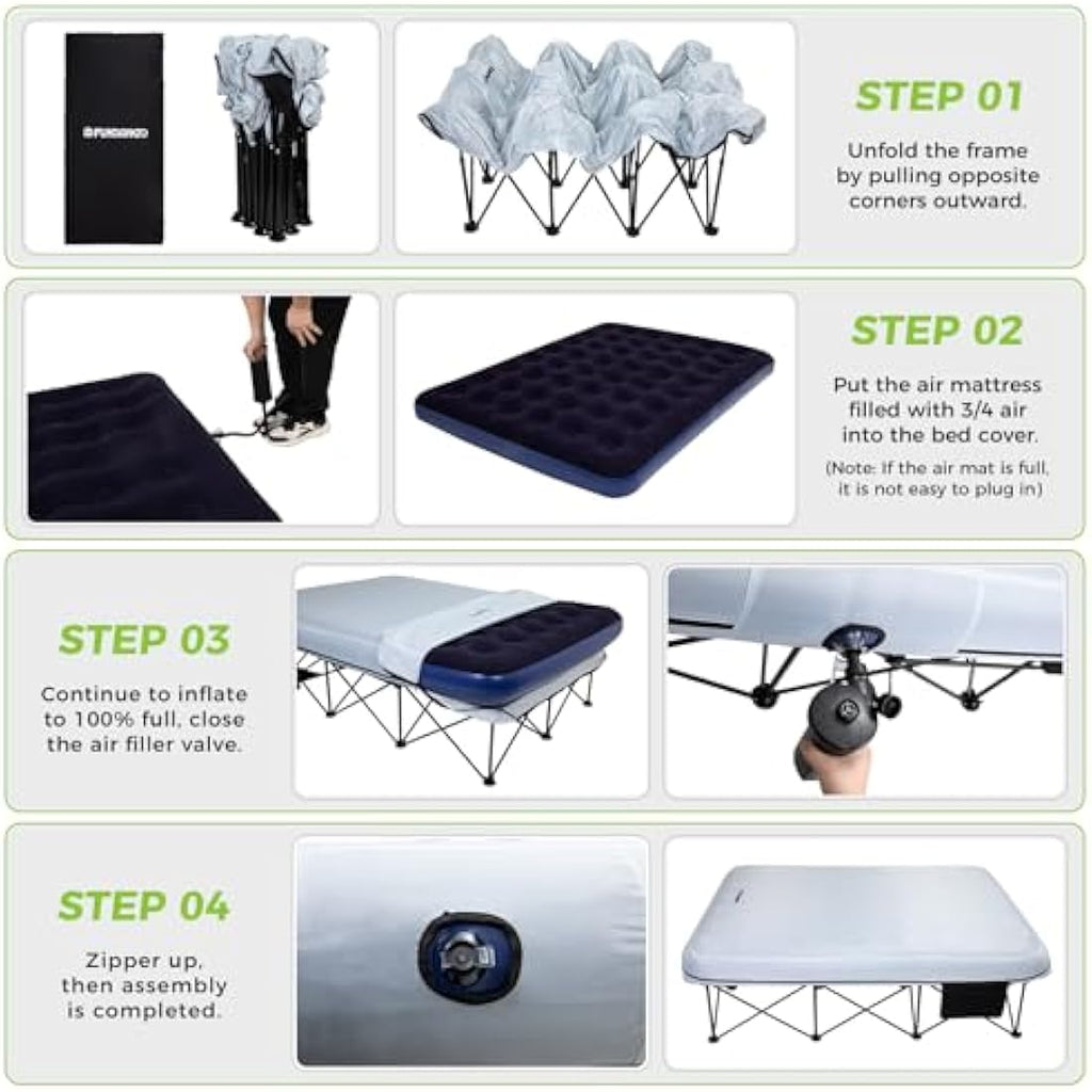 FUNDANGO Double Camping Cot with Air Mattress | Folding 2 Person Bed