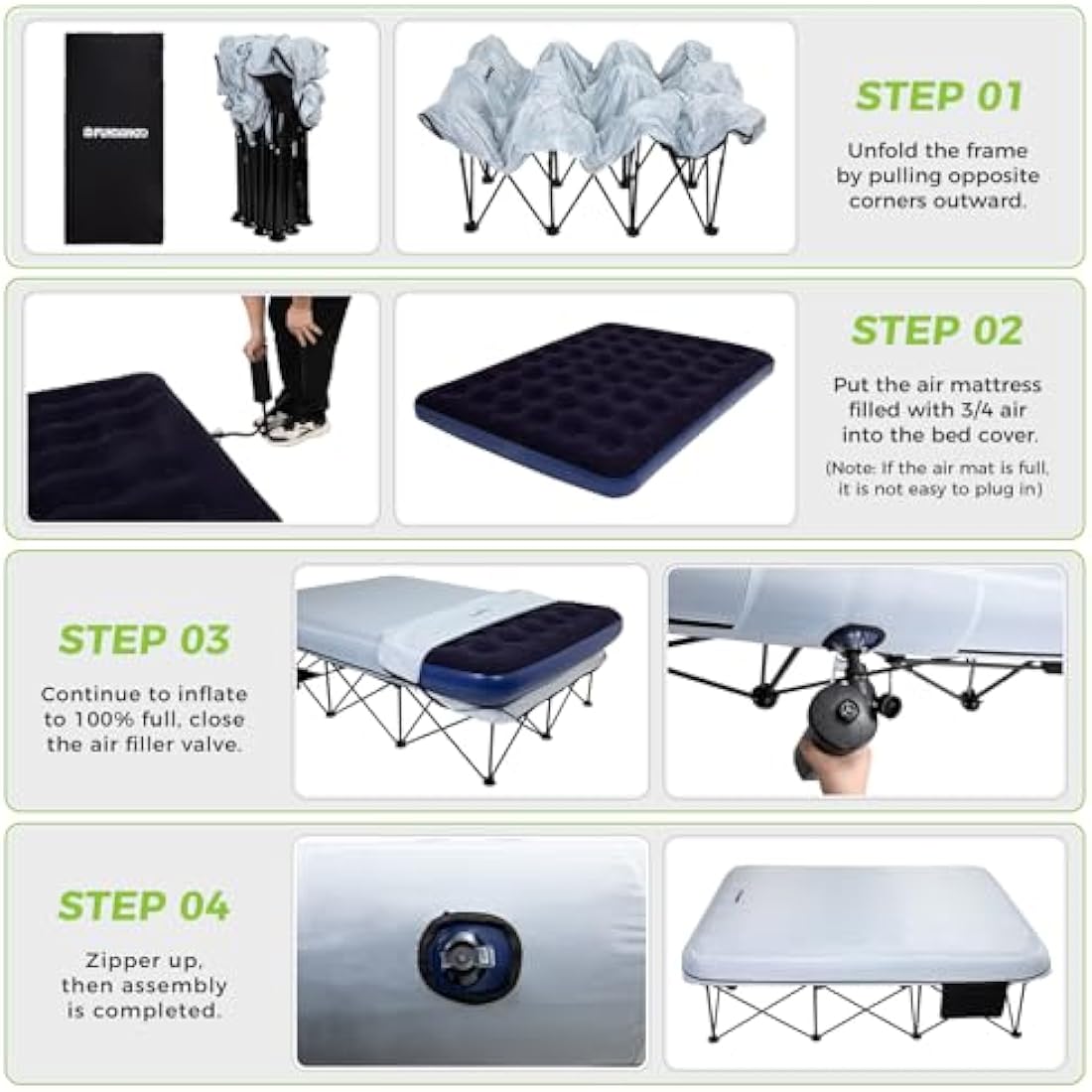 FUNDANGO Double Camping Cot with Air Mattress | Folding 2 Person Bed