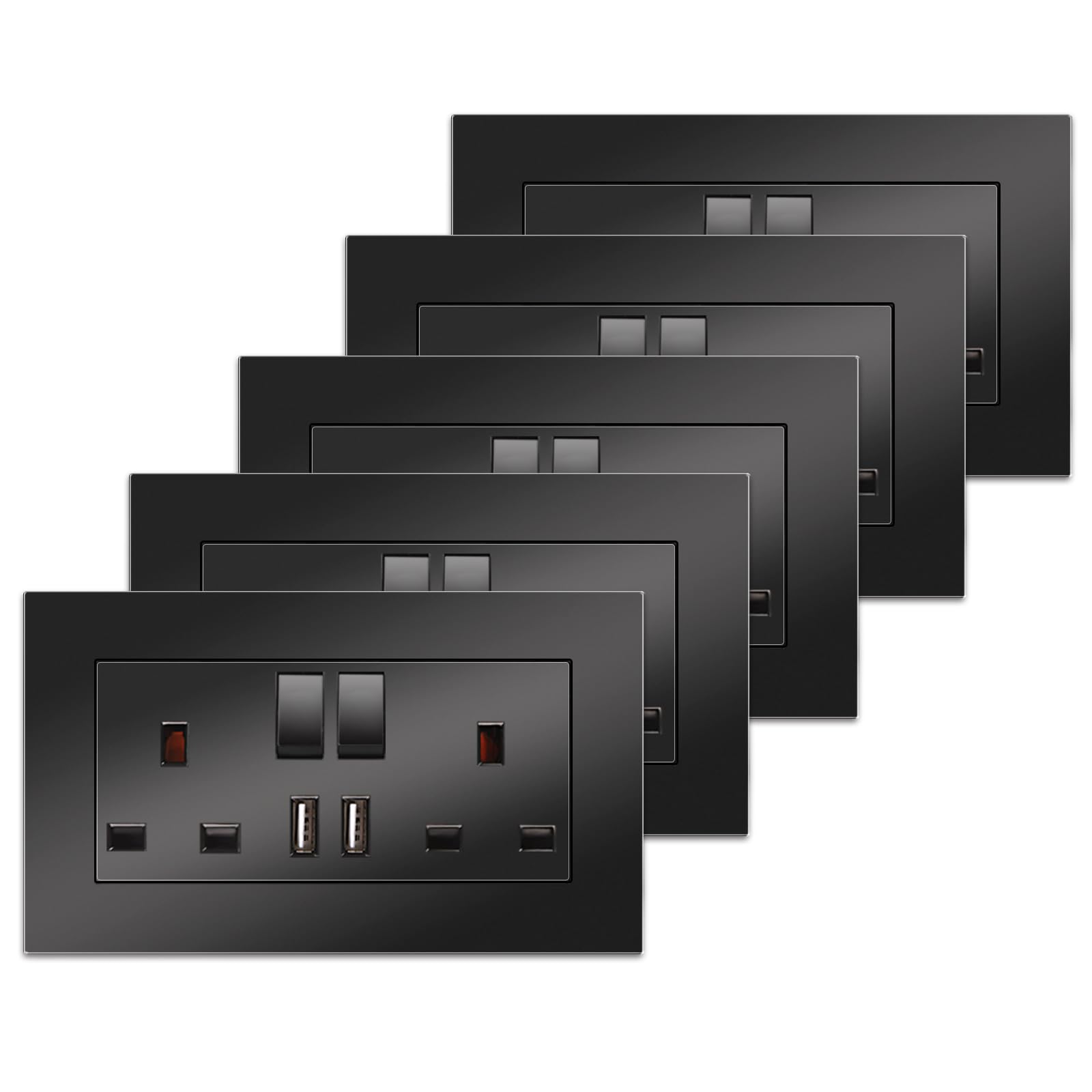 CNBINGO Double Switched Socket with USB Ports – 13A Black PC Plate, 5 Pack