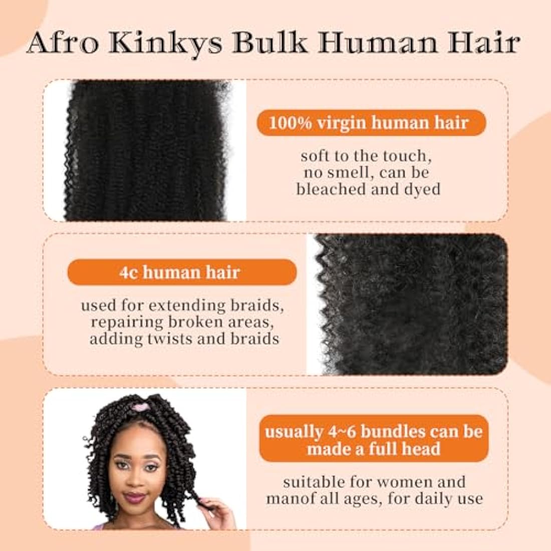 Afro Kinky Bulk Human Hair for Dreadlocks & Braiding - 14 Inch